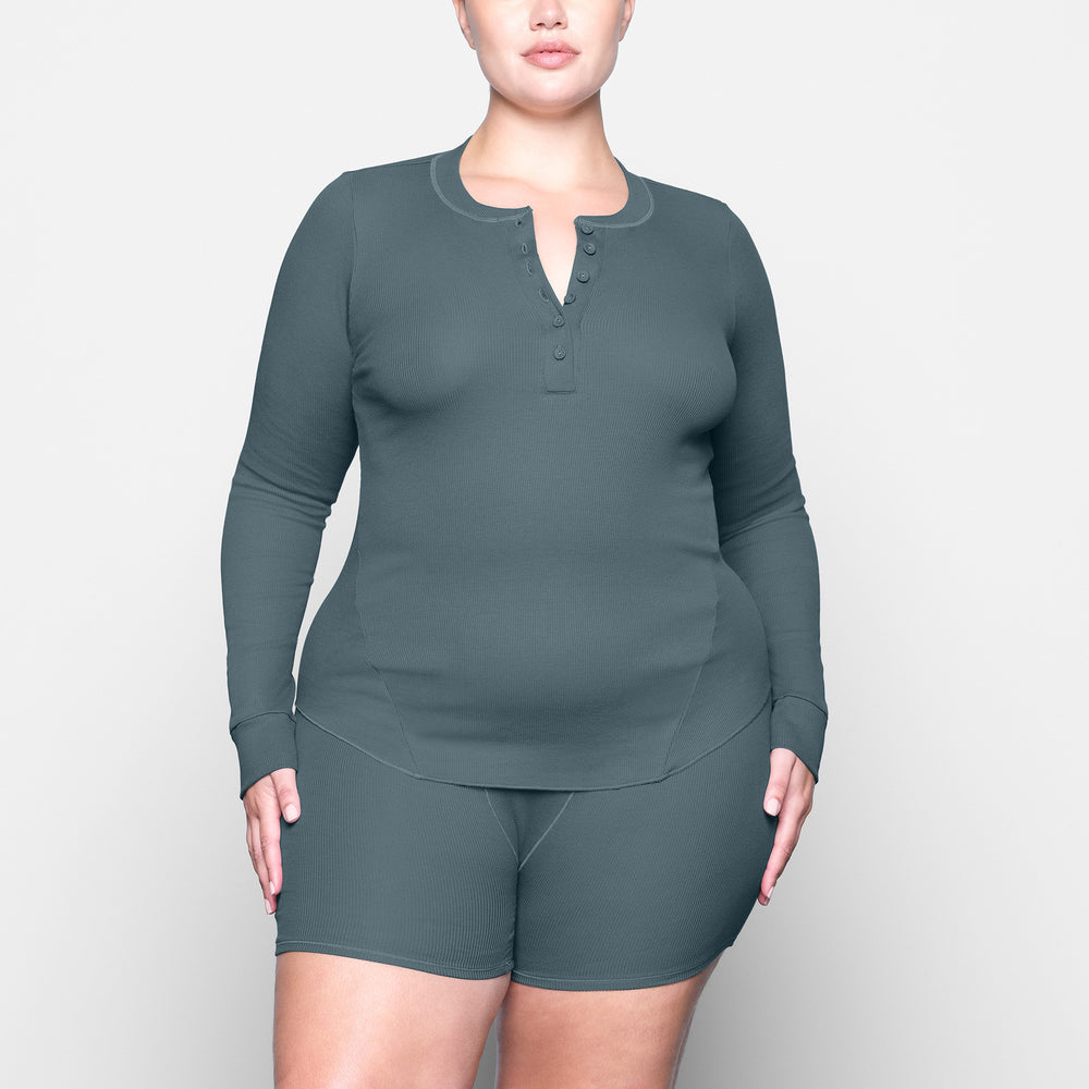 Skims COTTON RIB HENLEY LONG SLEEVE T-shirt Modre | FKOU-93627
