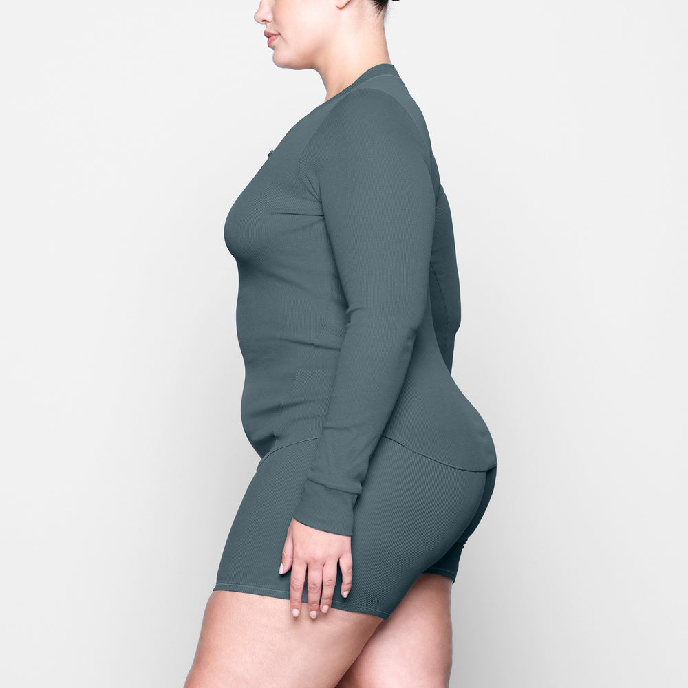 Skims COTTON RIB HENLEY LONG SLEEVE T-shirt Modre | FKOU-93627