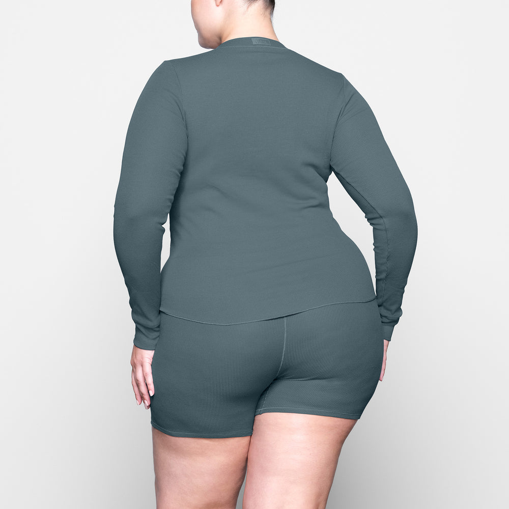 Skims COTTON RIB HENLEY LONG SLEEVE T-shirt Modre | FKOU-93627