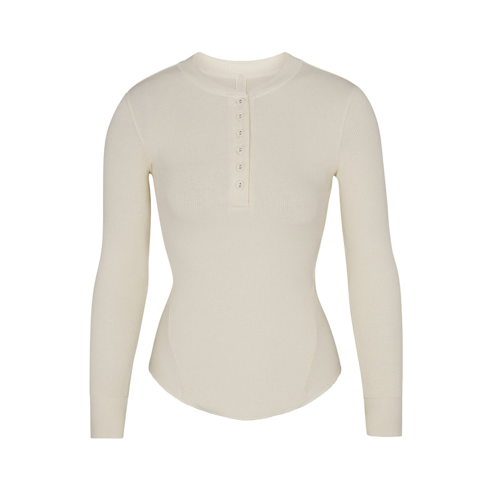 Skims COTTON RIB HENLEY LONG SLEEVE T-shirt Biele | MAQS-04359