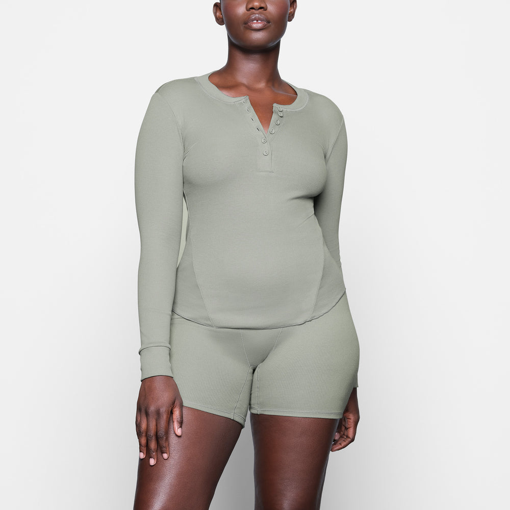 Skims COTTON RIB HENLEY LONG SLEEVE T-shirt Modre | MKBH-94208