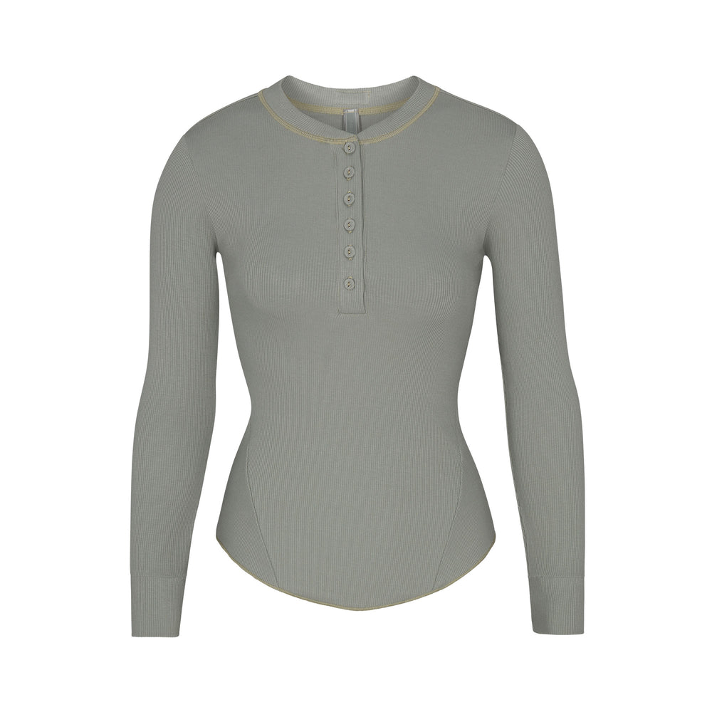Skims COTTON RIB HENLEY LONG SLEEVE T-shirt Modre | MKBH-94208