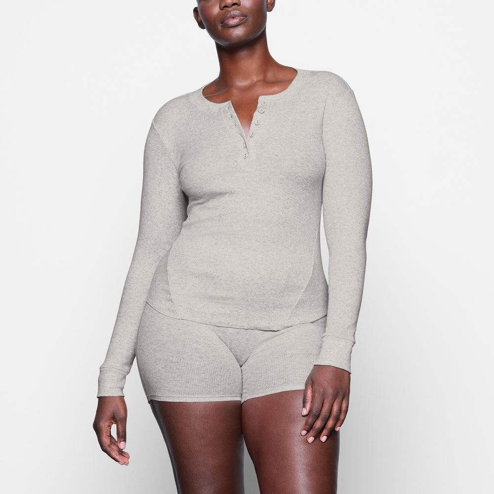 Skims COTTON RIB HENLEY LONG SLEEVE T-shirt Svetlo Siva | XTCZ-39607