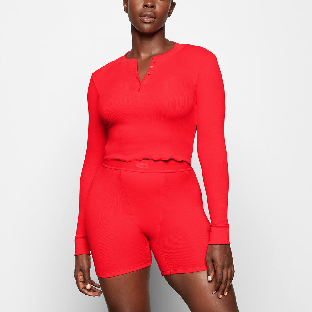 Skims COTTON RIB LONG SLEEVE CROP Henley Červené | UYPJ-34597