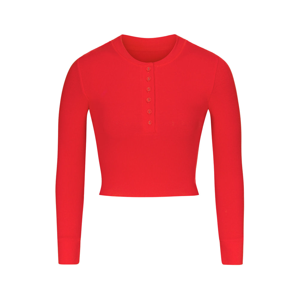 Skims COTTON RIB LONG SLEEVE CROP Henley Červené | UYPJ-34597