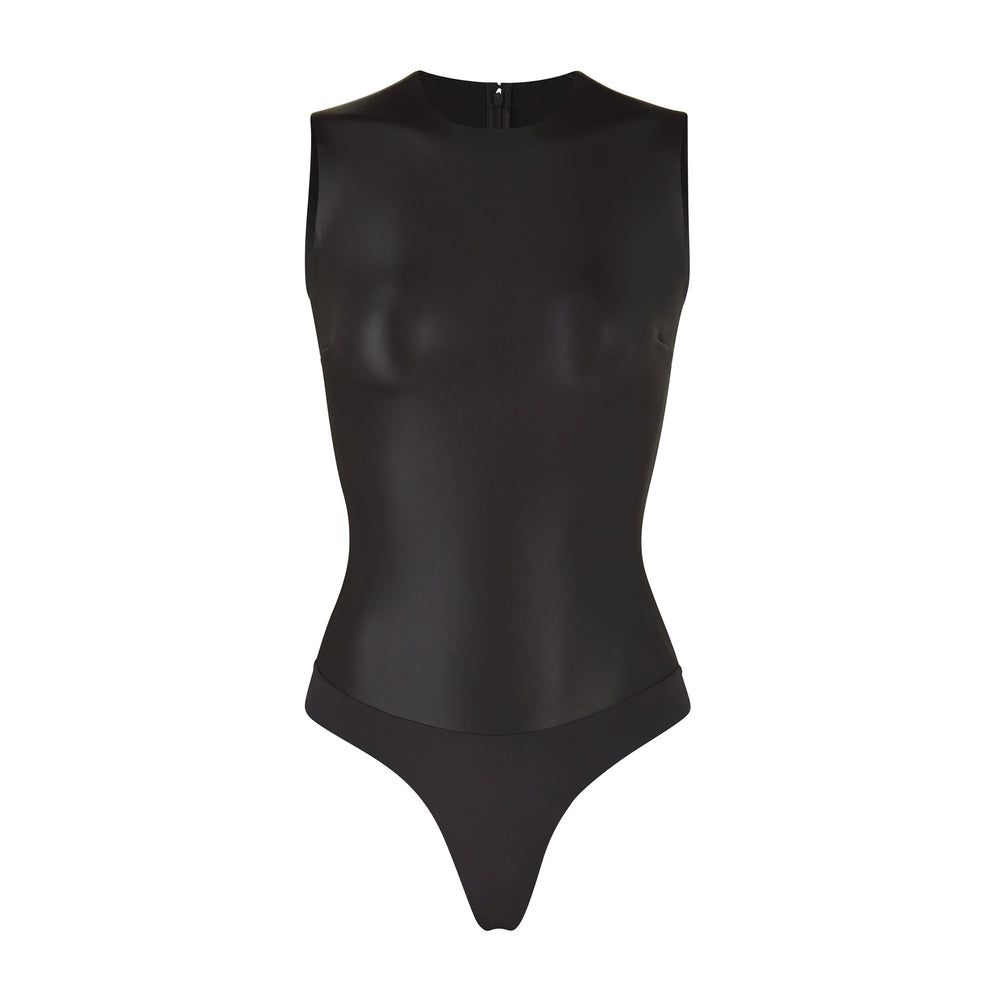 Skims FAUX LEATHER Crew Neck Bodysuit Čierne | BKUO-42086