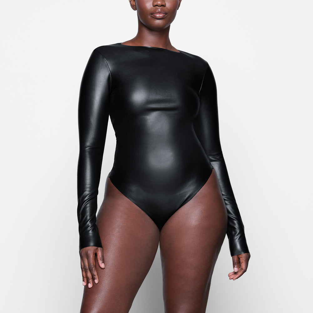 Skims FAUX LEATHER Long Sleeve Bodysuit Čierne | EWAZ-30954