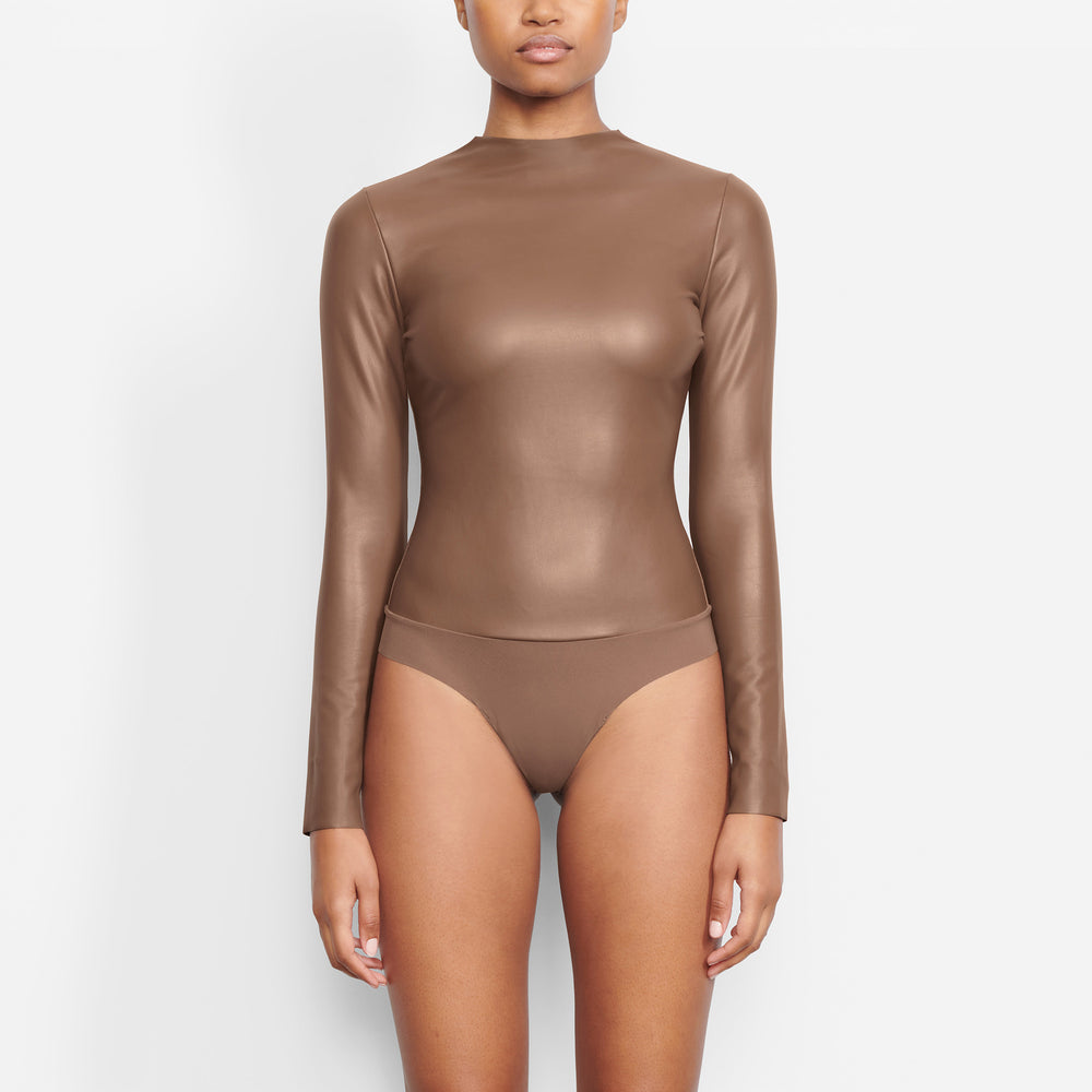 Skims FAUX LEATHER Mock Neck Bodysuit Hnede | MSAN-01249