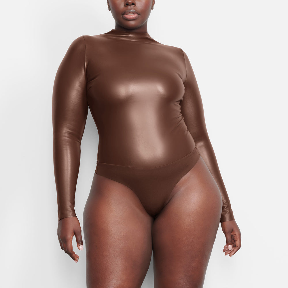 Skims FAUX LEATHER Mock Neck Bodysuit Čokoláda | RYQK-91786