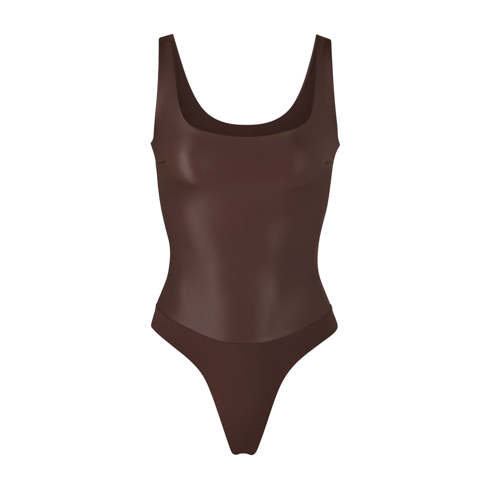 Skims FAUX LEATHER Scoop Neck Bodysuit Čokoláda | ZXMW-54671