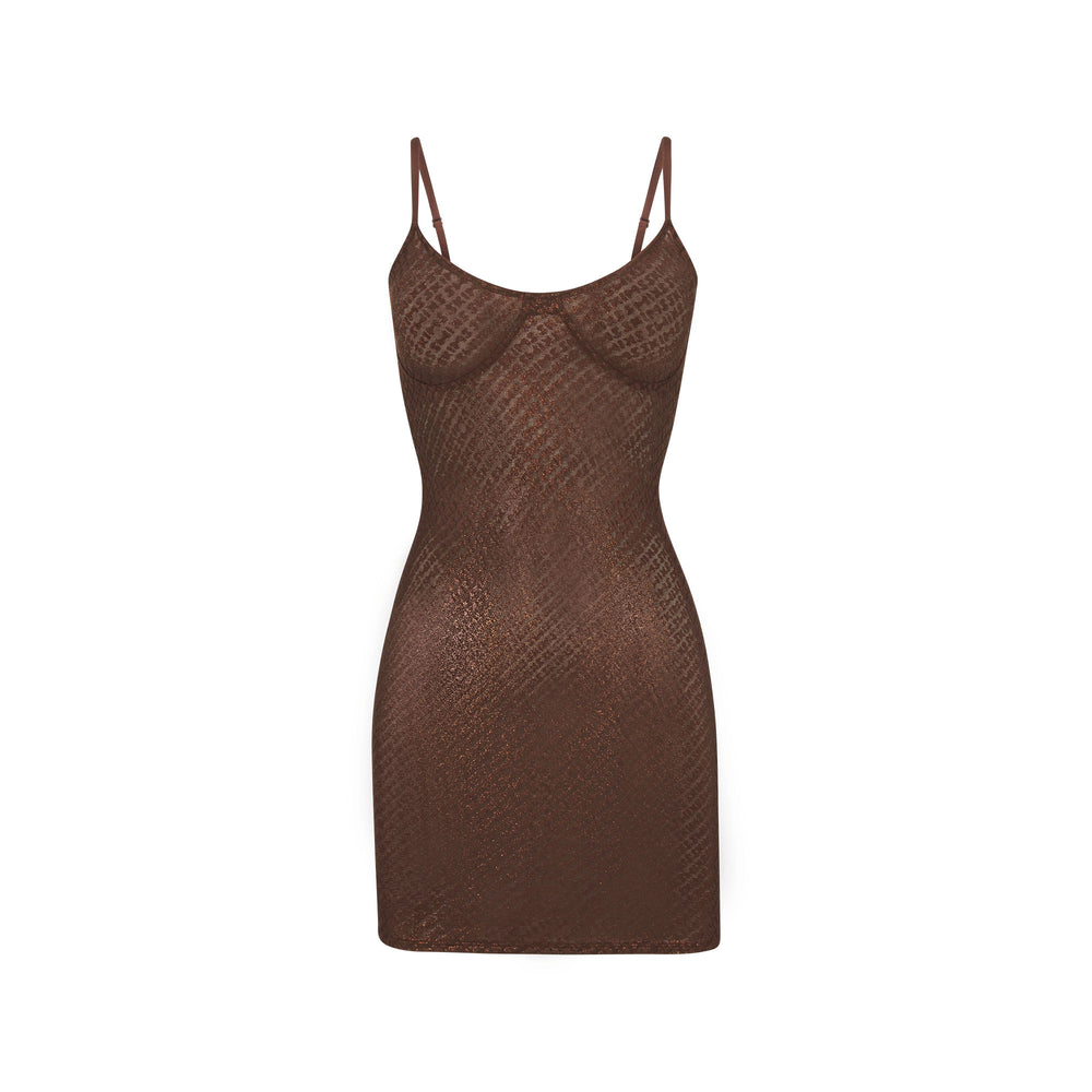 Skims LOGO MESH FOIL CAMI Dress Čokoláda | LYEP-03652