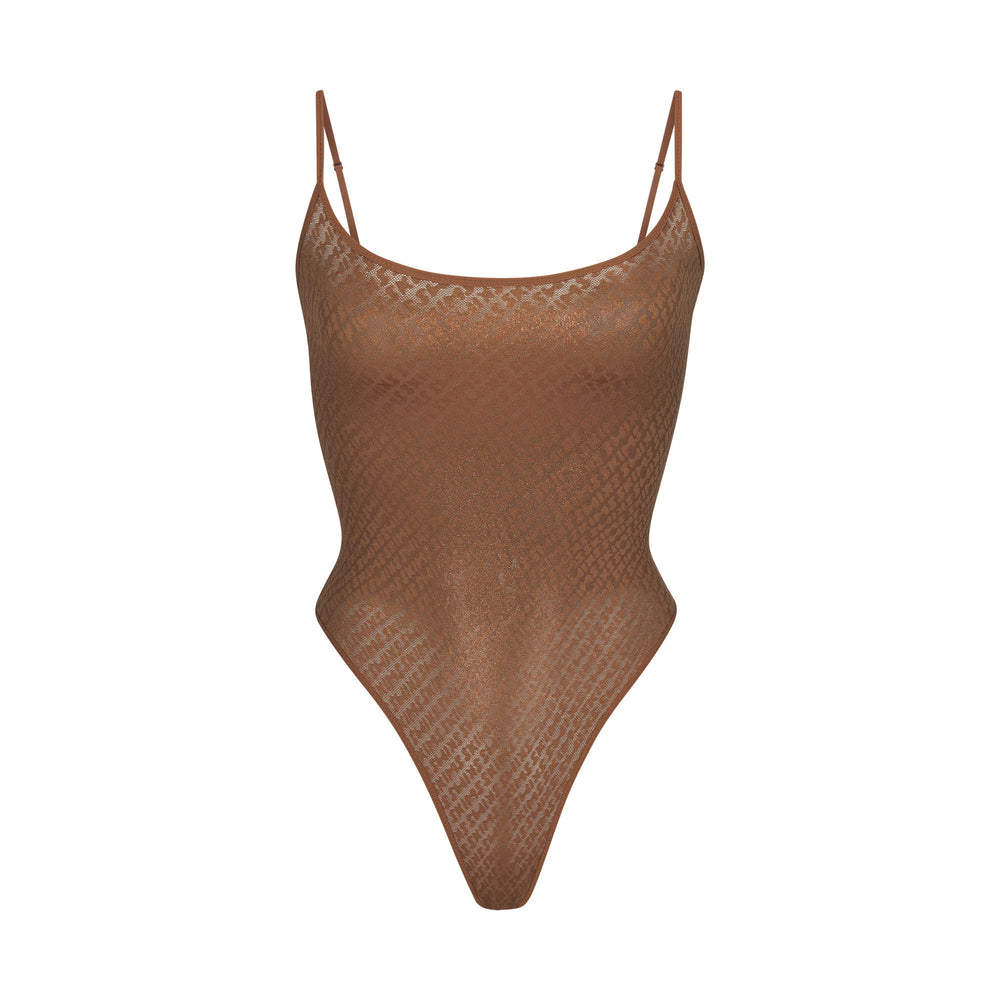 Skims LOGO MESH FOIL Cami Bodysuit Hnede | HOXS-59842