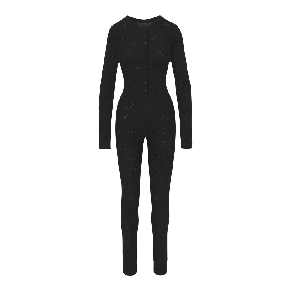 Skims RHINESTONE LOGO POINTELLE Onesie Čierne | EXKN-68059