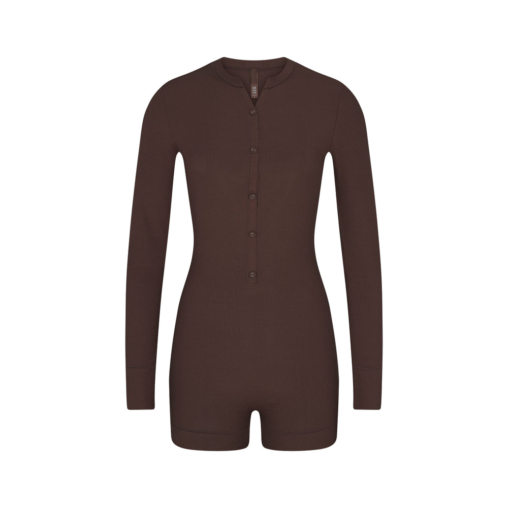 Skims SOFT LOUNGE BUTTON UP HENLEY Onesie Čokoláda | SVQY-12354