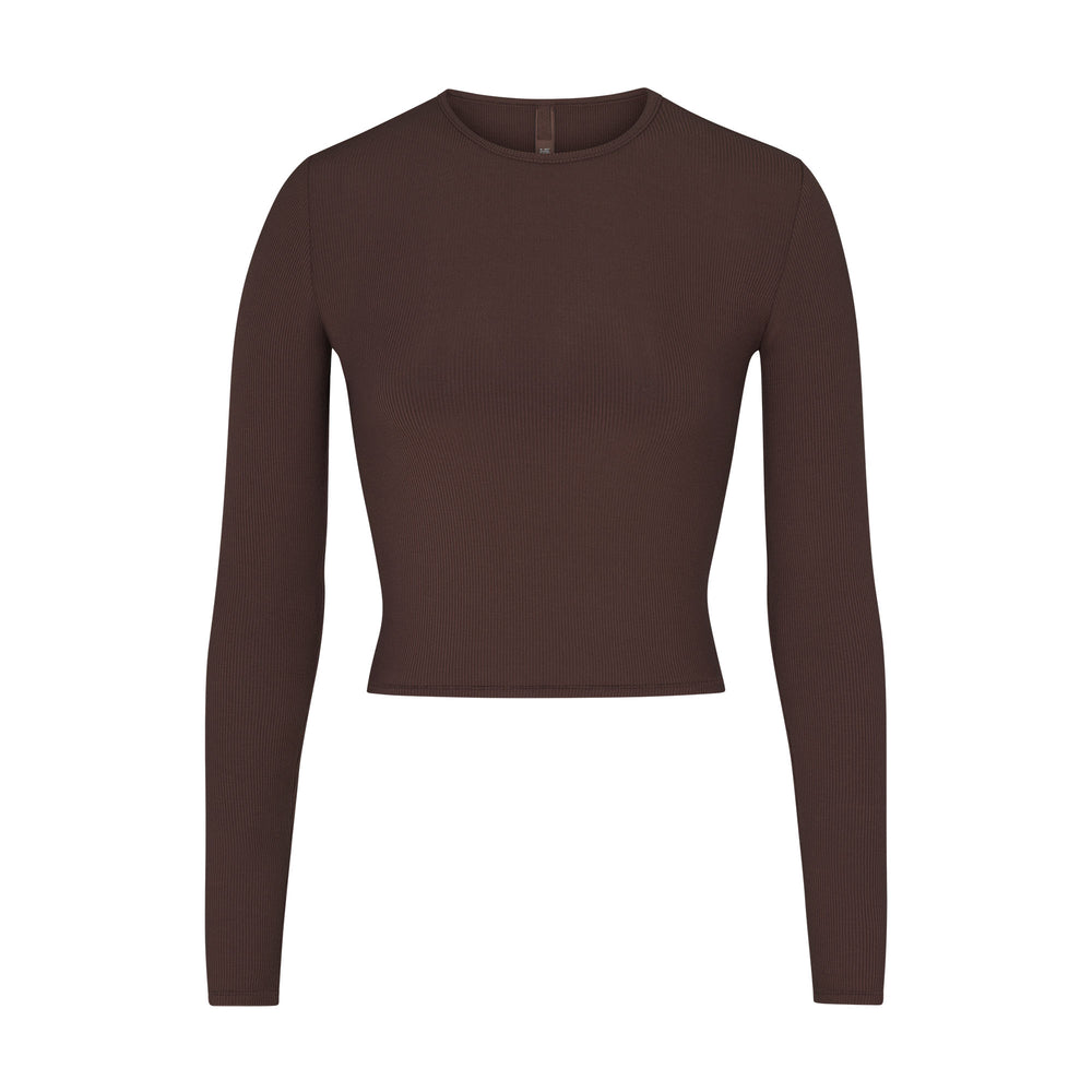 Skims SOFT LOUNGE LONG SLEEVE CROP TOP T-shirt Čokoláda | DBEN-18270