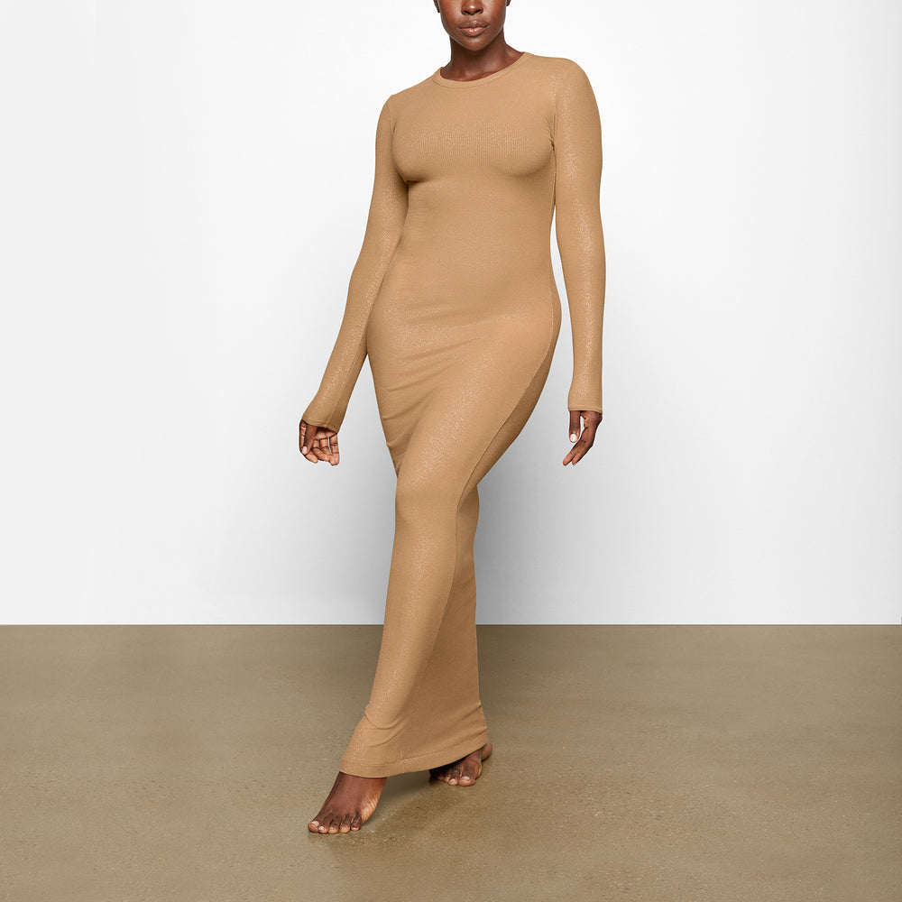 Skims SOFT LOUNGE SHIMMER CREW NECK LONG Dress Hnede | NVUA-10563