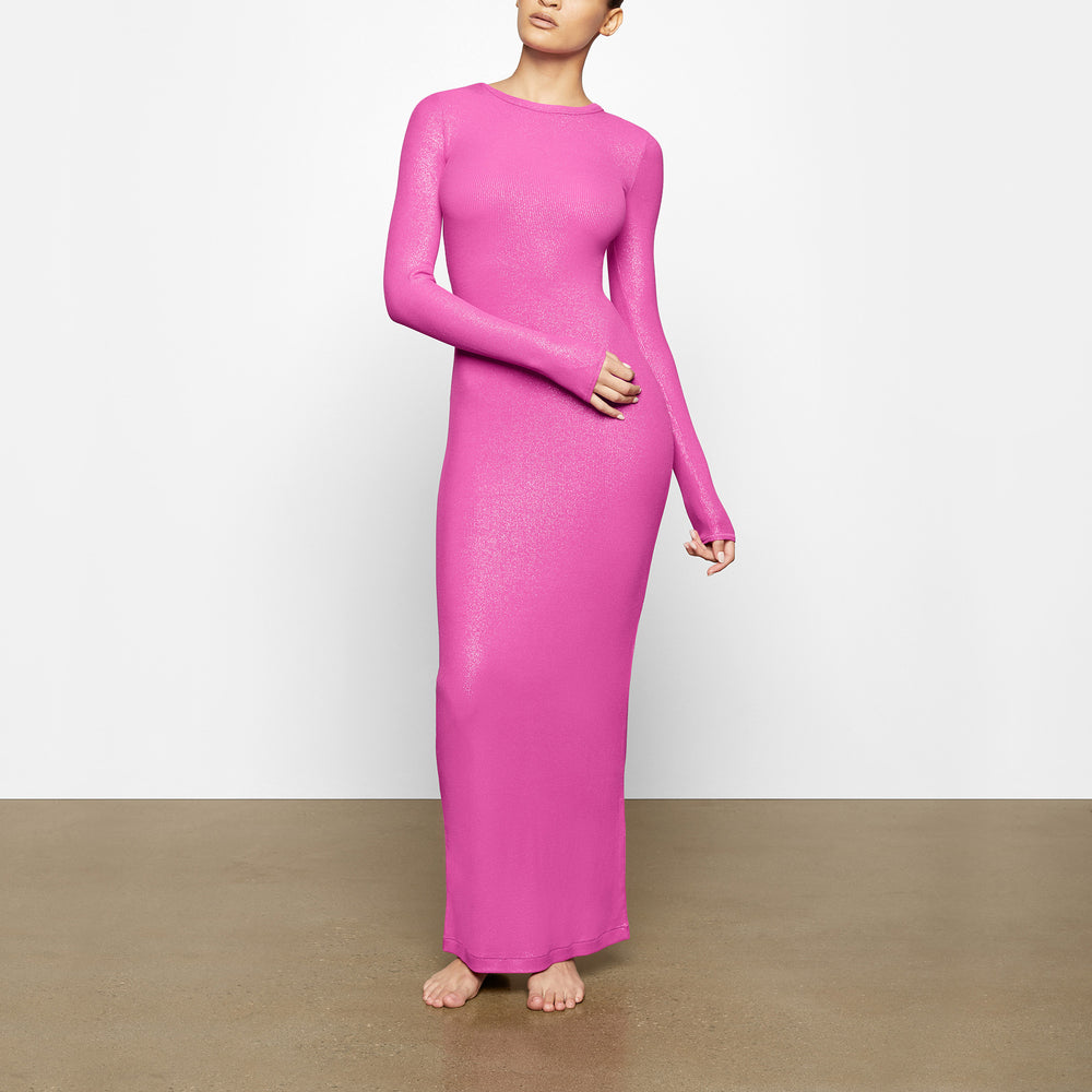 Skims SOFT LOUNGE SHIMMER CREW NECK LONG Dress Fuchsie | SDUN-35067