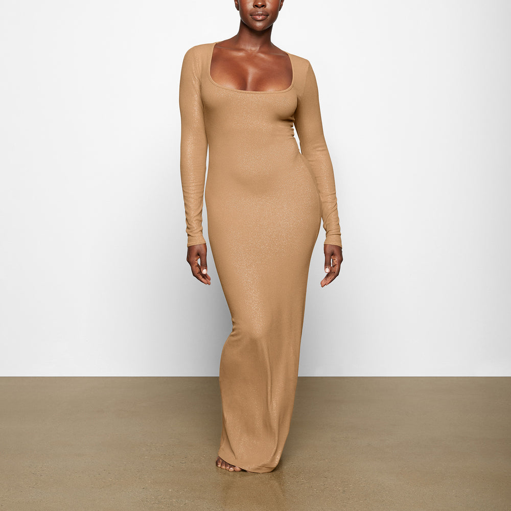 Skims SOFT LOUNGE SHIMMER LONG SLEEVE Dress Hnede | DXVJ-21985