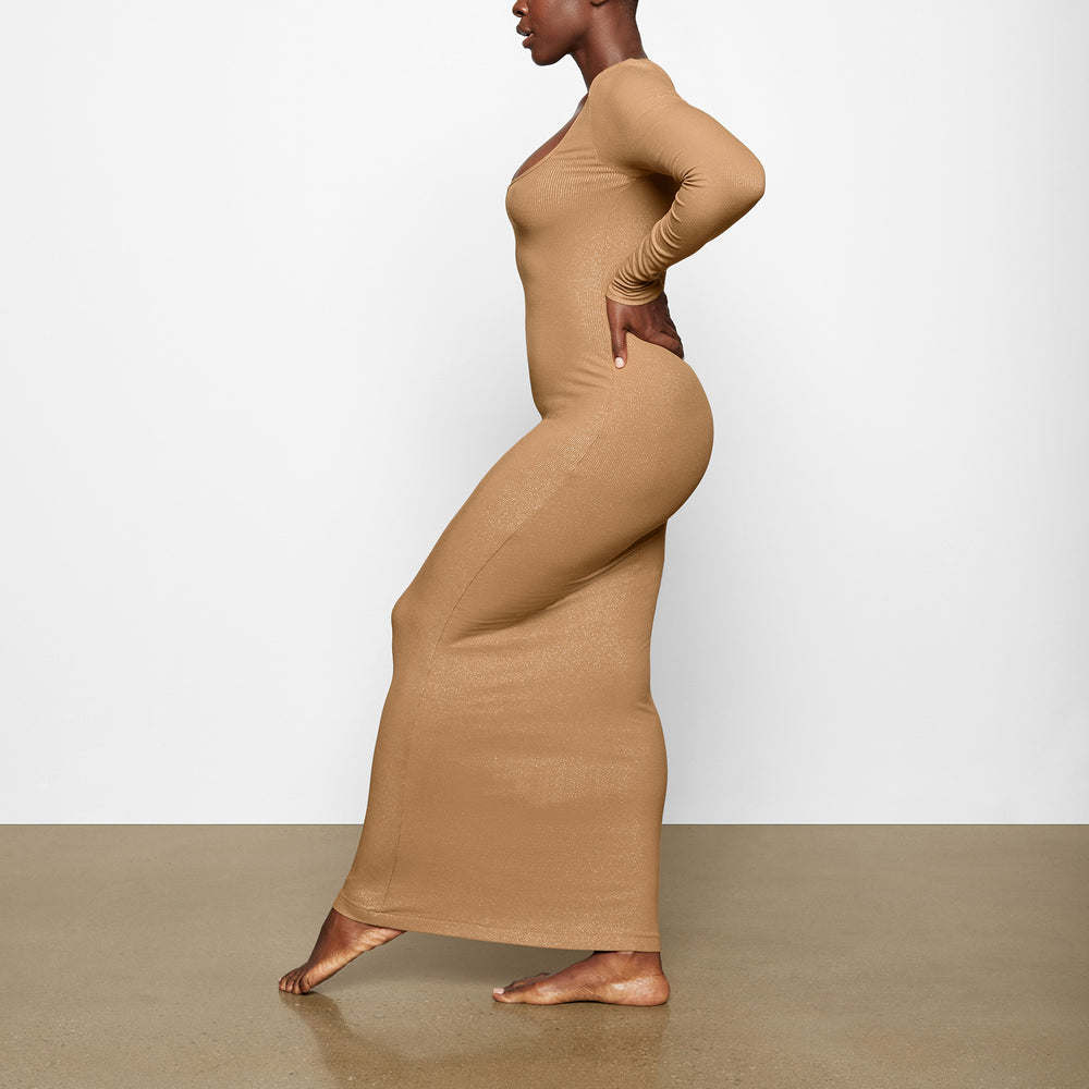 Skims SOFT LOUNGE SHIMMER LONG SLEEVE Dress Hnede | DXVJ-21985