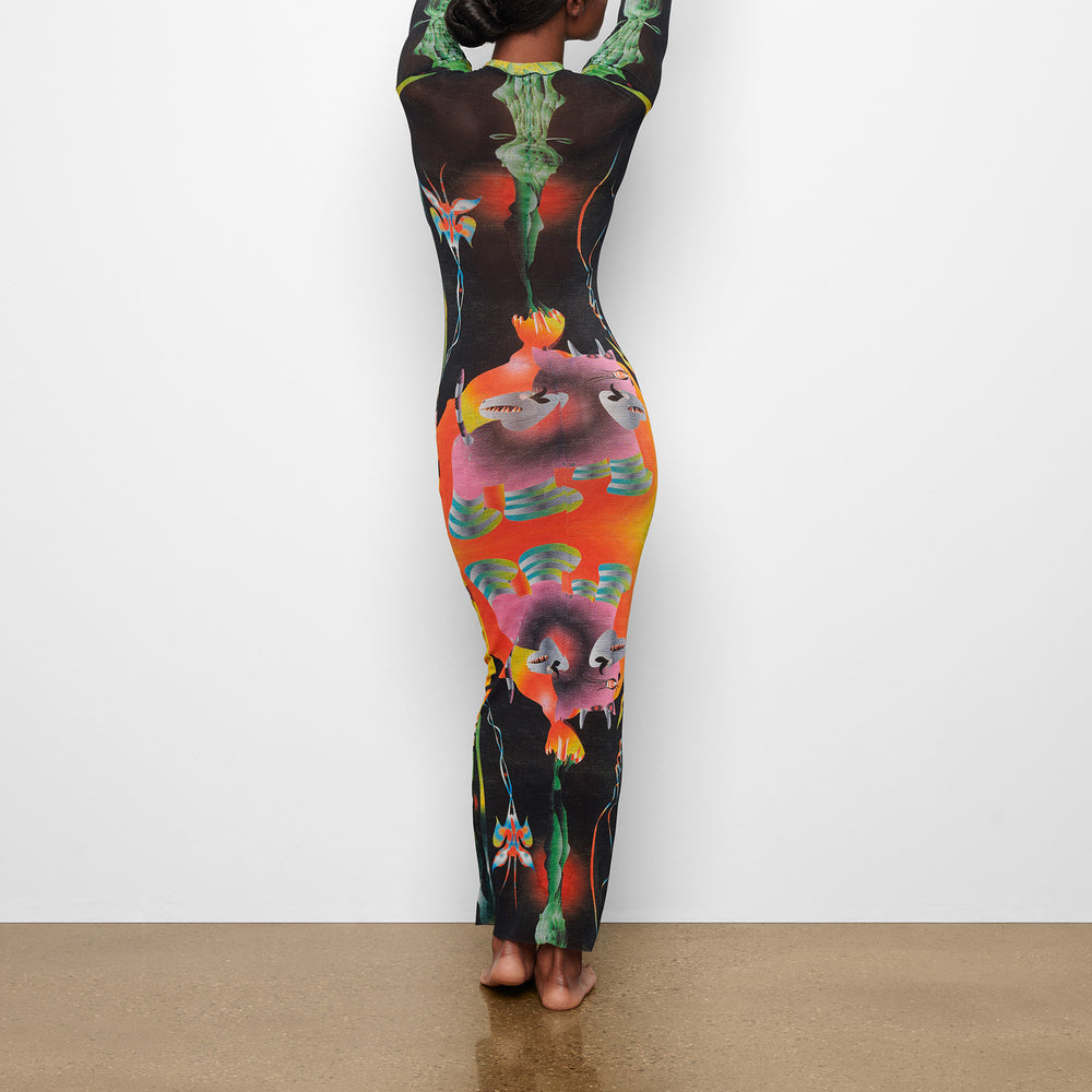 Skims SUMMER MESH LONG SLEEVE Dress Obsidian | DYJQ-93215