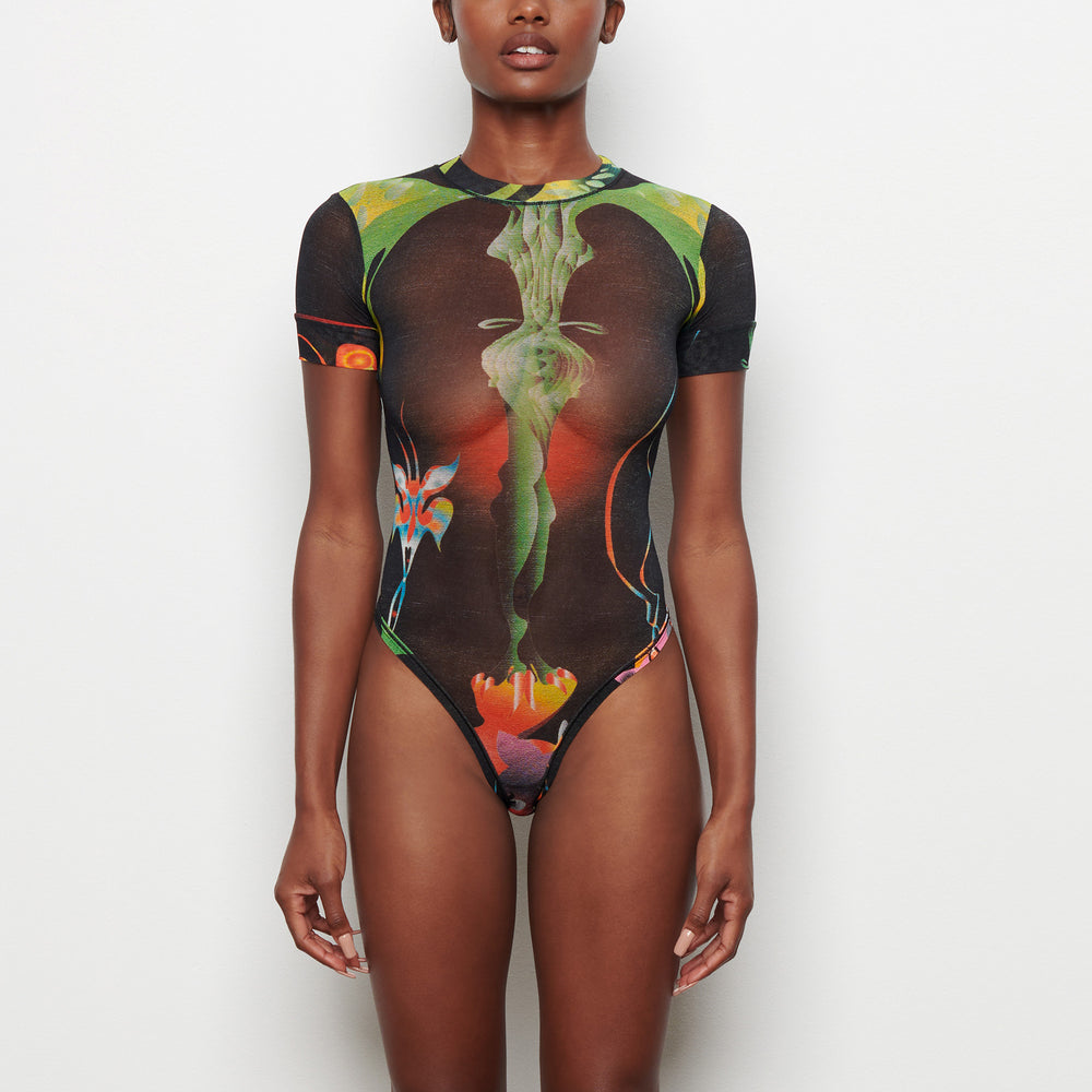 Skims SUMMER MESH T-shirt Bodysuit Obsidian | IUBG-06135