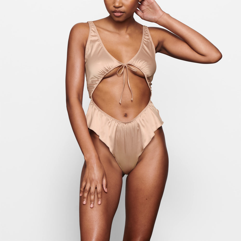 Skims WOVEN SHINE TIE FRONT Bodysuit Ruzove | TQRC-64350