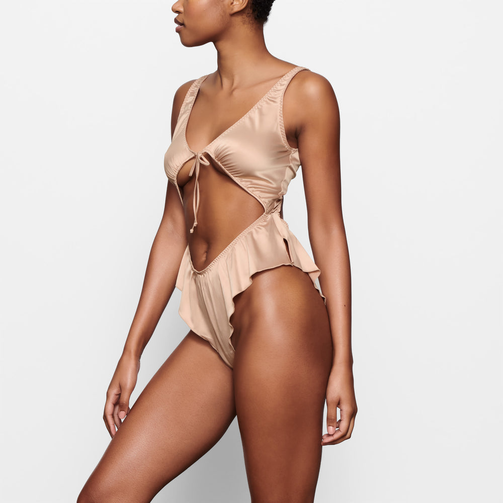 Skims WOVEN SHINE TIE FRONT Bodysuit Ruzove | TQRC-64350