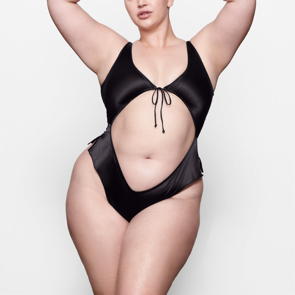 Skims WOVEN SHINE TIE FRONT Bodysuit Čierne | ZEIJ-49670