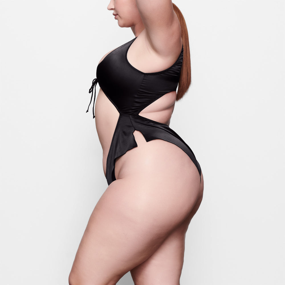 Skims WOVEN SHINE TIE FRONT Bodysuit Čierne | ZEIJ-49670