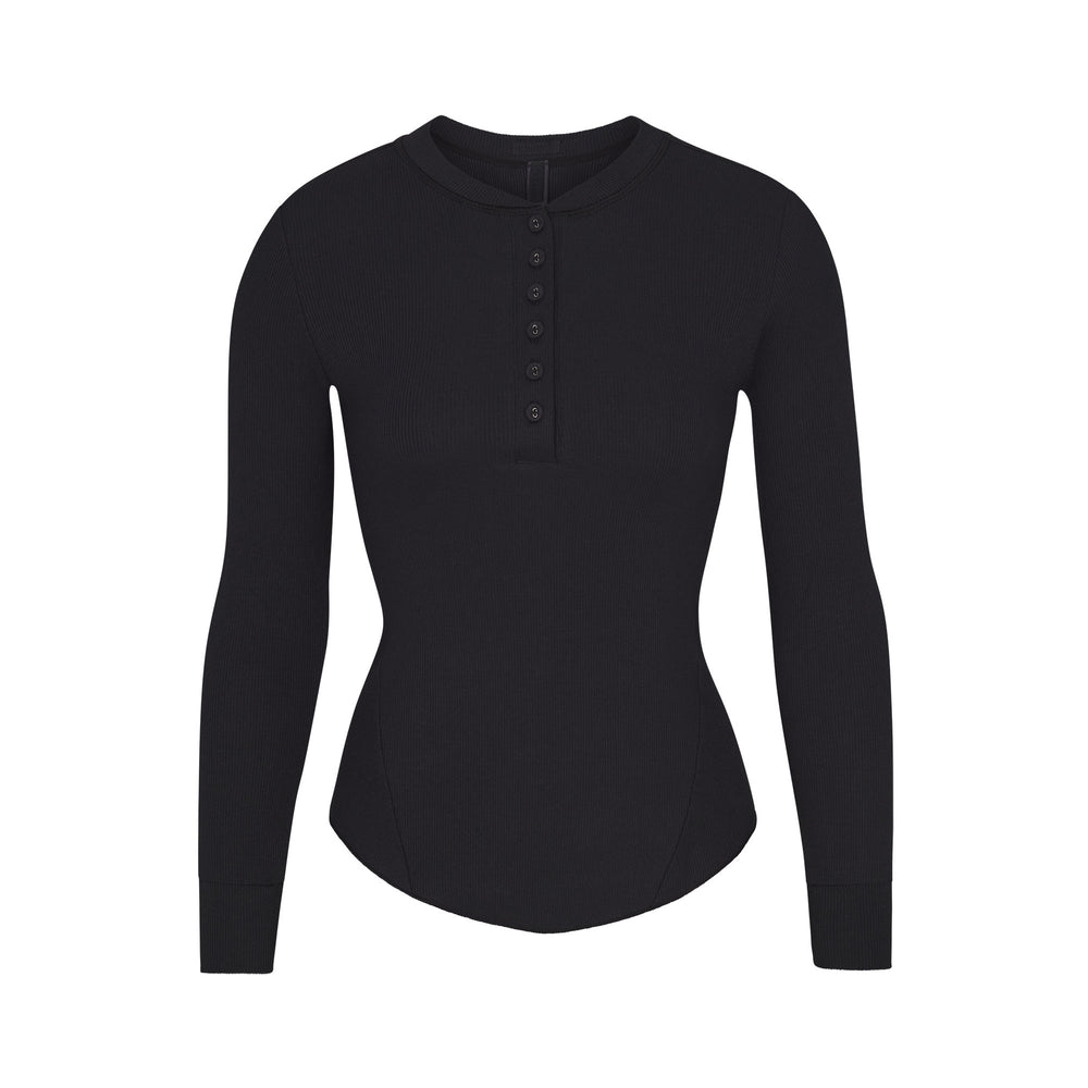 Skims COTTON RIB HENLEY LONG SLEEVE T-shirt Čierne | BGIF-75941