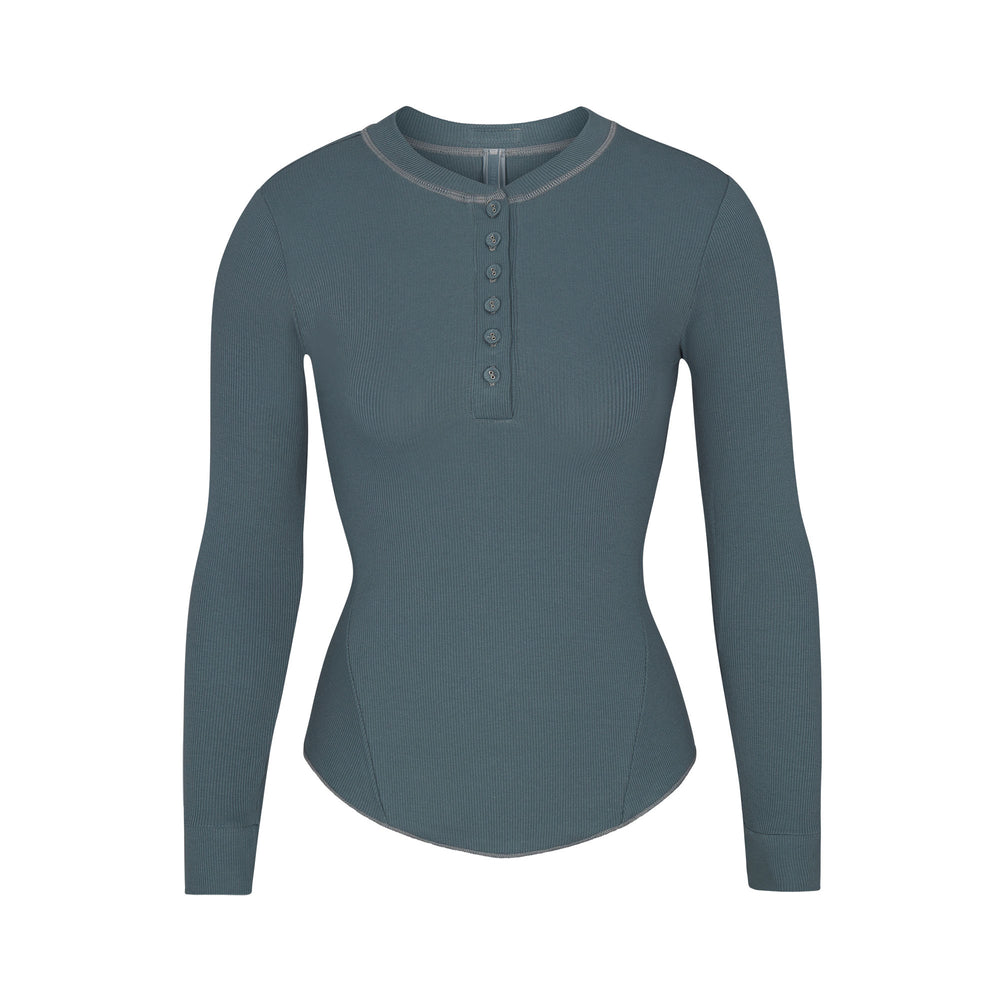 Skims COTTON RIB HENLEY LONG SLEEVE T-shirt Modre | FKOU-93627