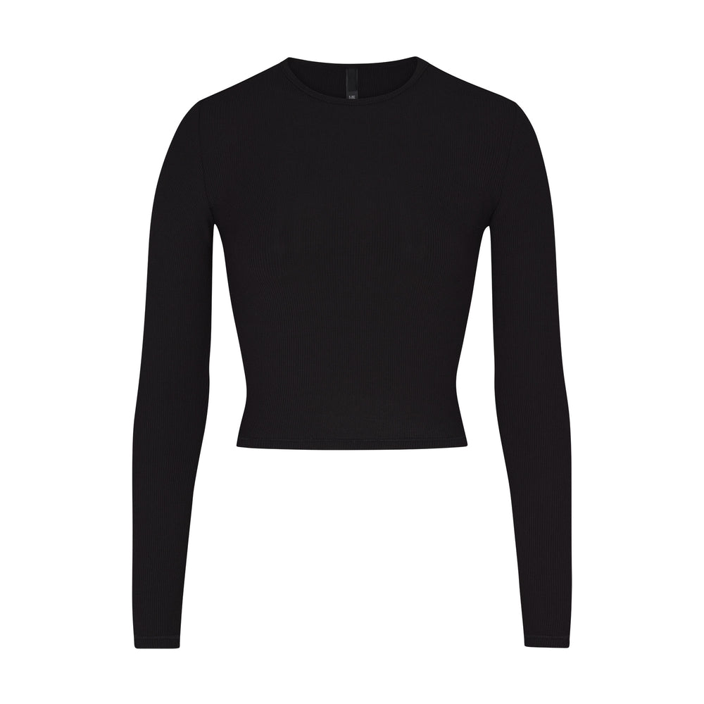 Skims SOFT LOUNGE LONG SLEEVE CROP TOP T-shirt Čierne | YLJE-35721