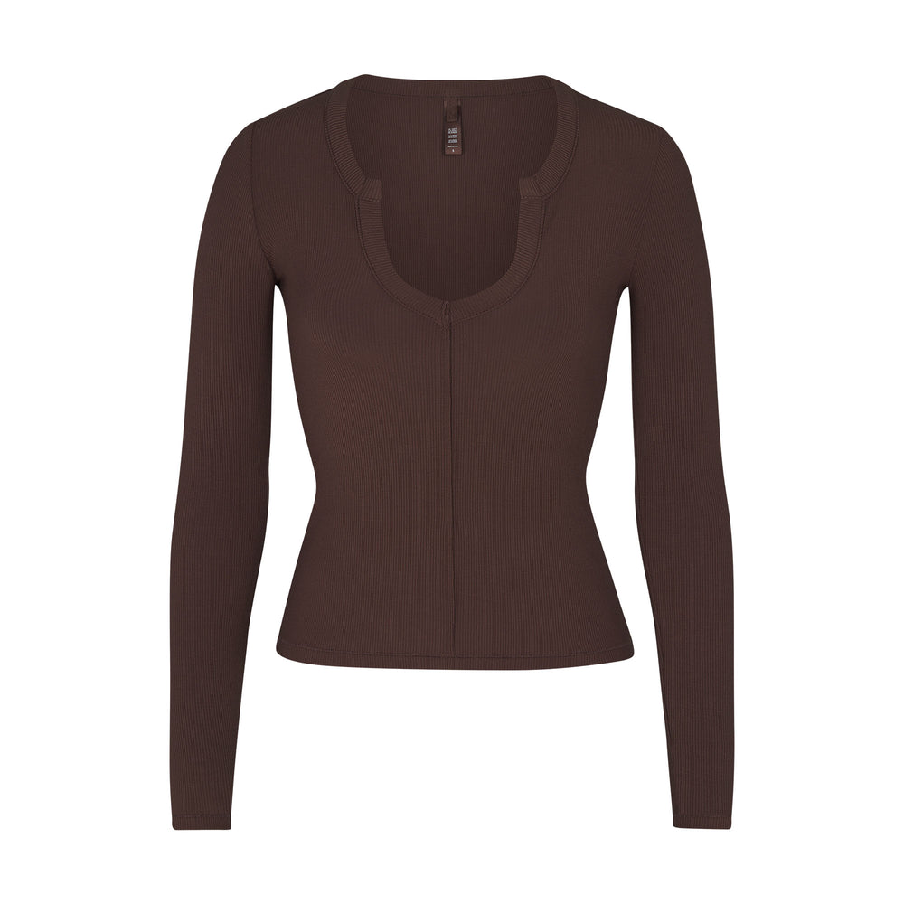 Skims SOFT LOUNGE SPLIT NECK LONG SLEEVE T-shirt Čokoláda | BKOQ-40837