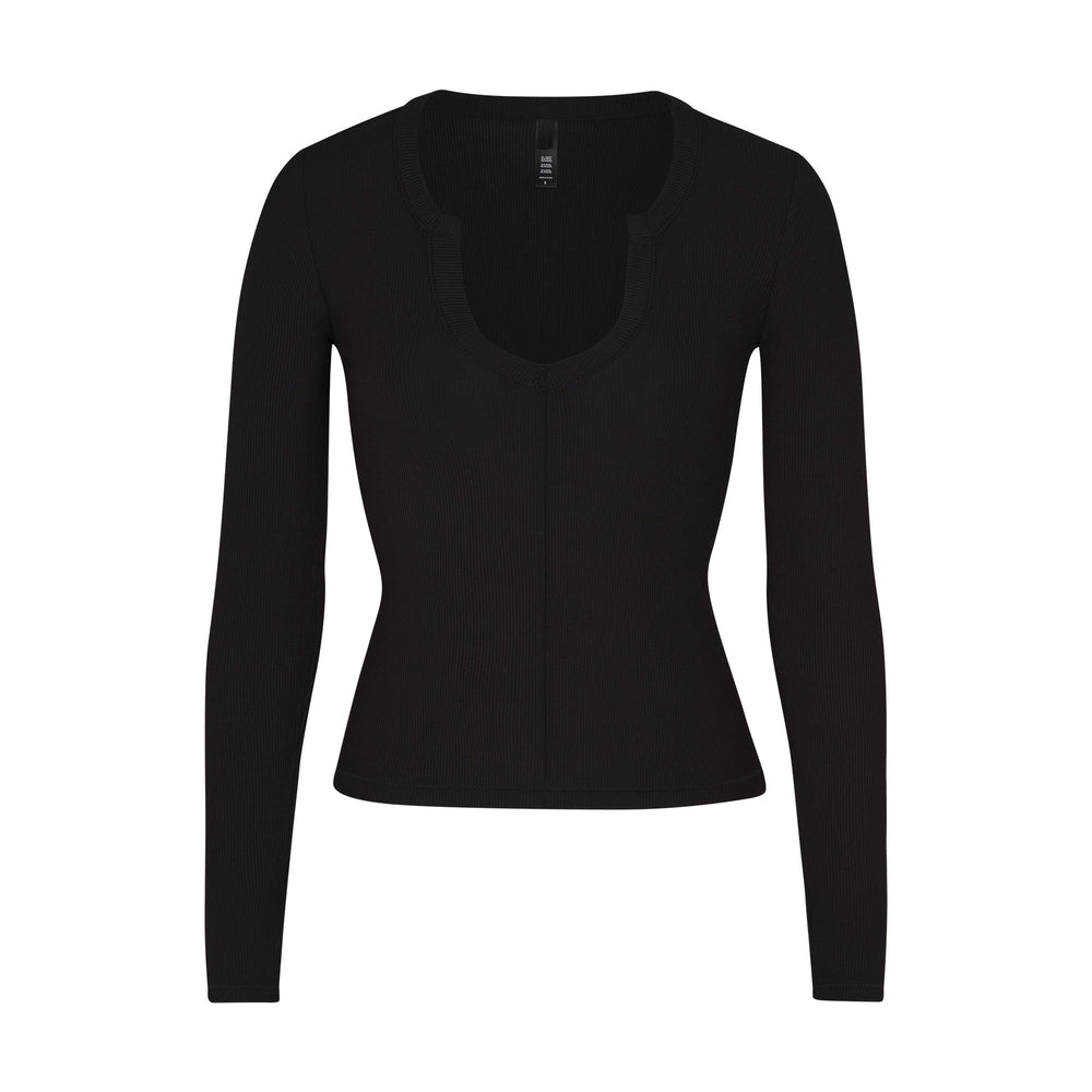 Skims SOFT LOUNGE SPLIT NECK LONG SLEEVE T-shirt Čierne | OKZU-87564