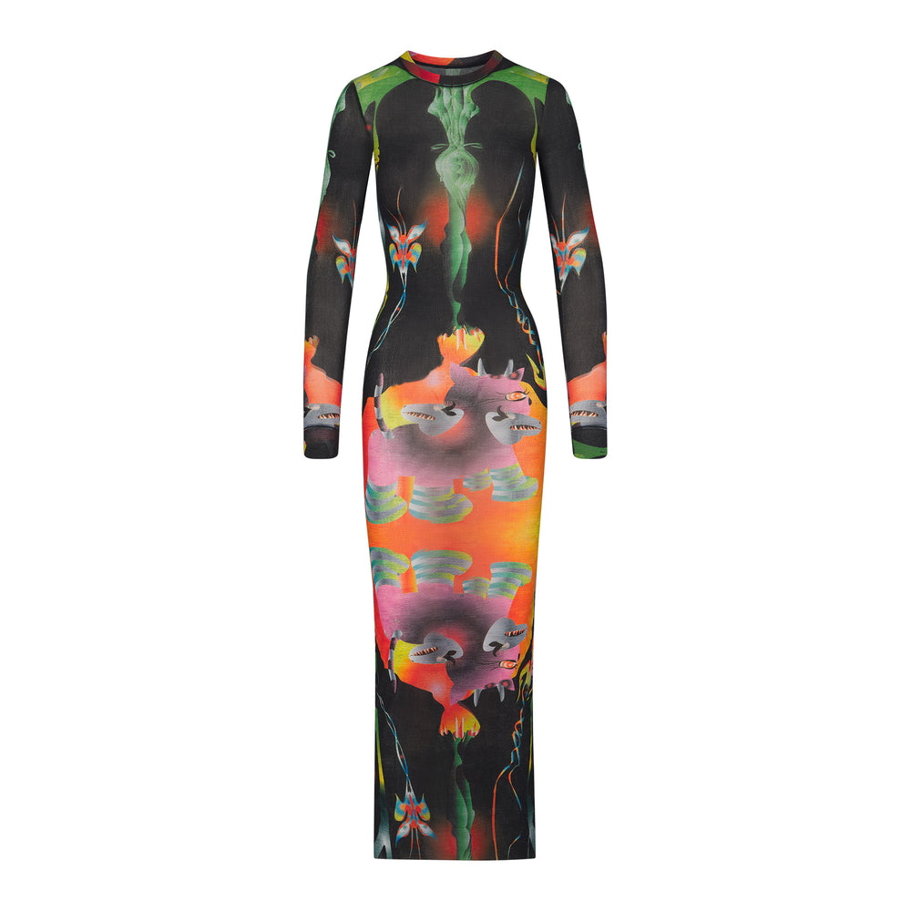 Skims SUMMER MESH LONG SLEEVE Dress Obsidian | DYJQ-93215
