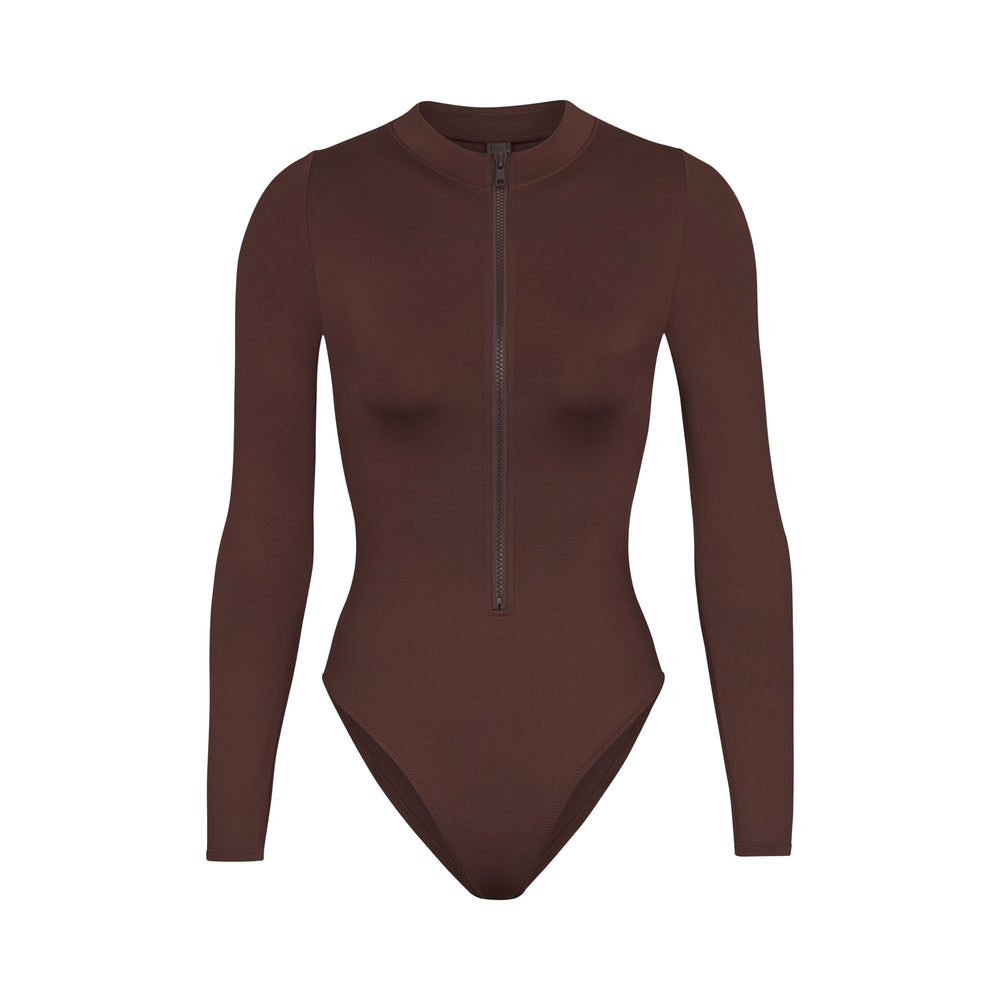 Skims SWIM ZIP FRONT LONG SLEEVE One Piece Čokoláda | TGFP-63450